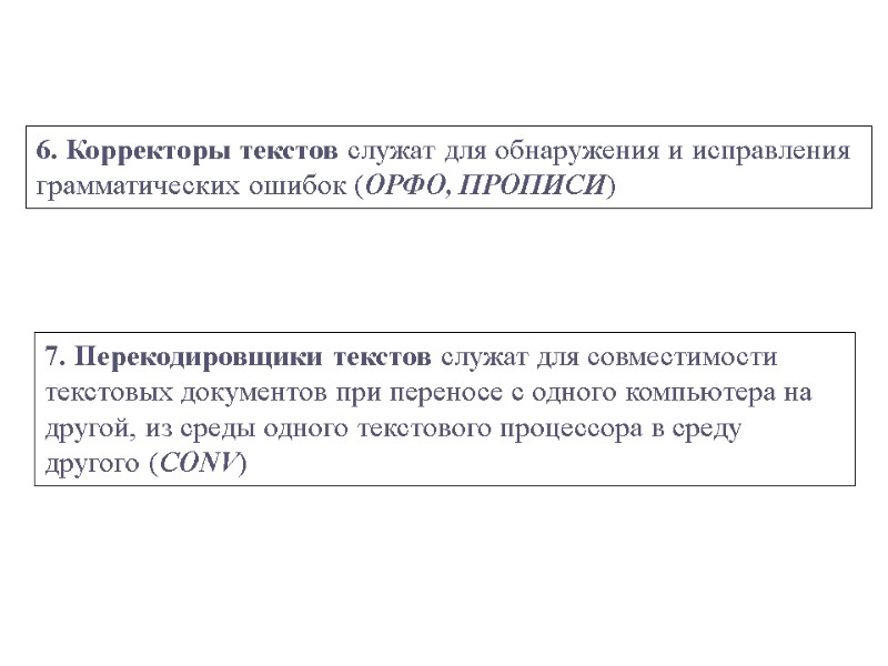 6. Корректоры текстов служат для обнаружения и исправления грамматических ошибок (ОРФО, ПРОПИСИ) 7. Перекодировщики